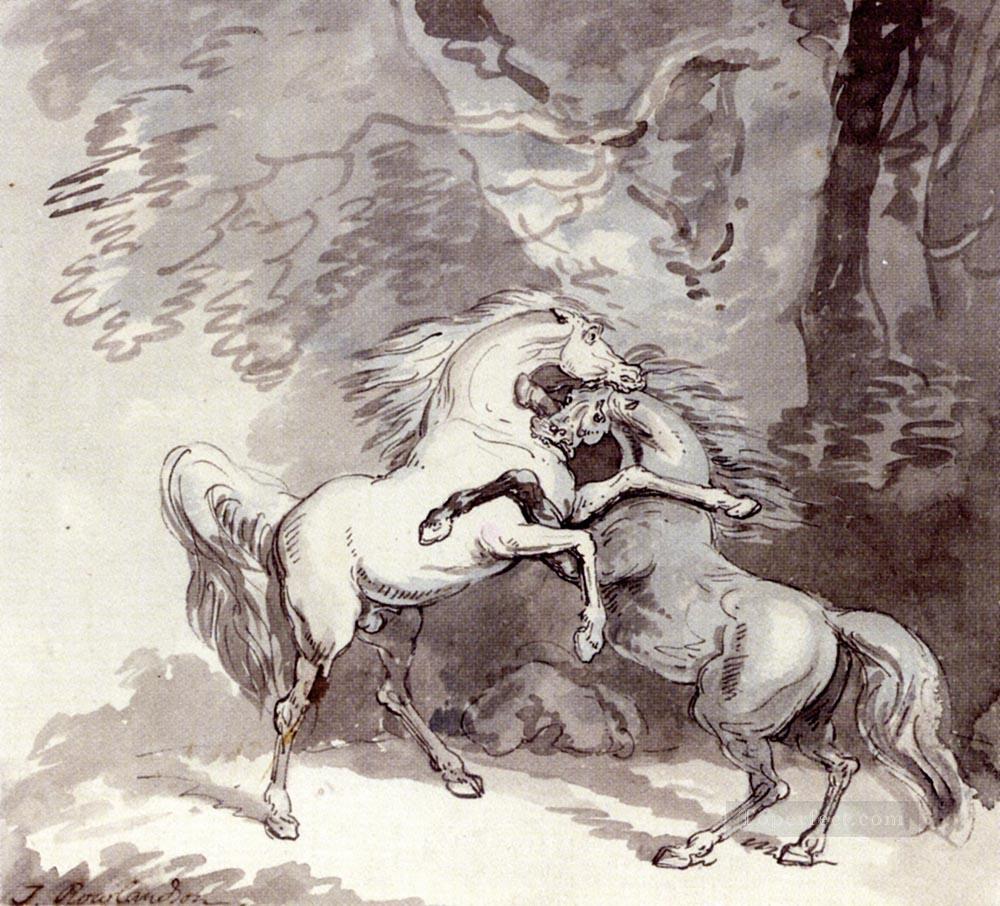 Caballos peleando en un camino boscoso Thomas Rowlandson en blanco y negro Pintura al óleo